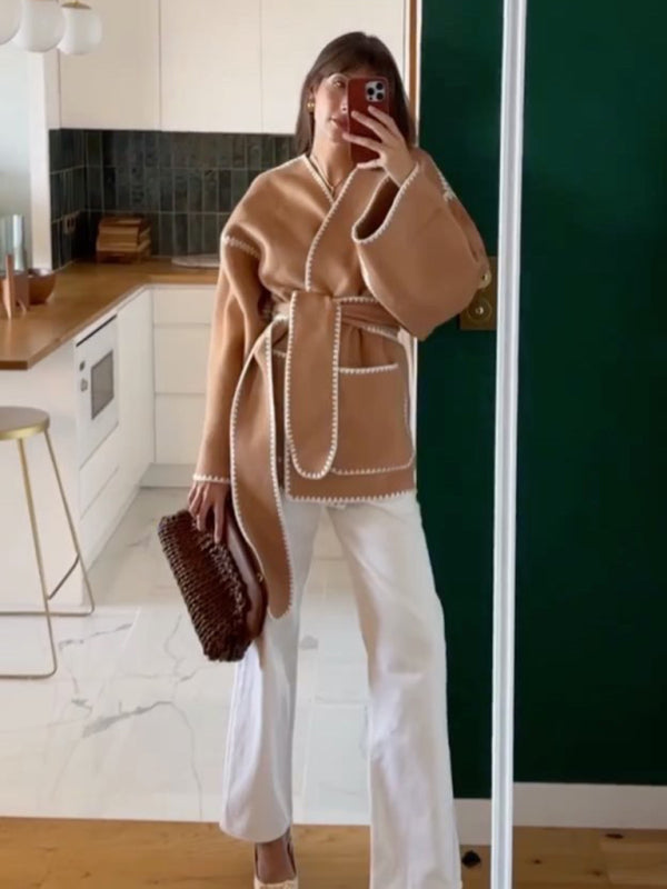 V-neck lace-up cardigan jacket belt lace design jacket jacket kakaclo