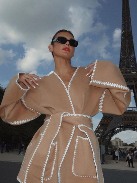 V-neck lace-up cardigan jacket belt lace design jacket jacket kakaclo