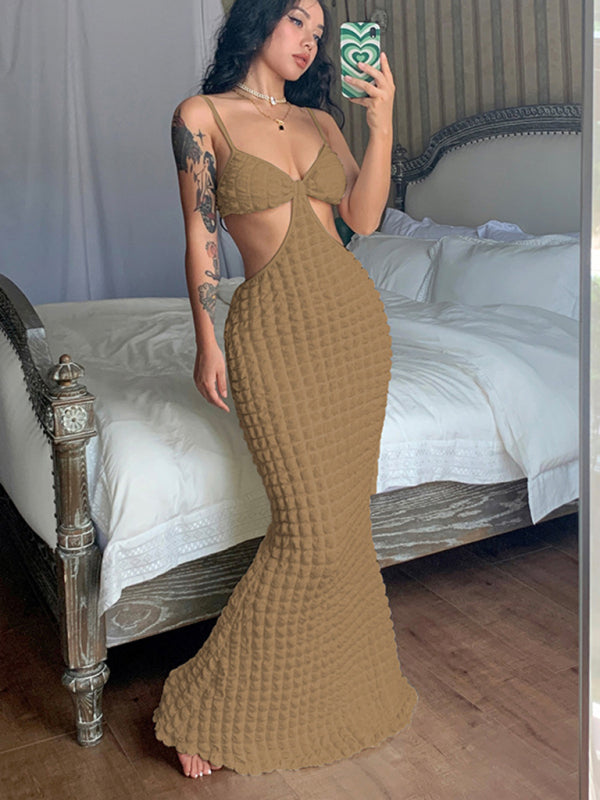 Women's New Solid Color Suspender Sexy Hollow Pure Desire Slim Elegant Long Dress BLUE ZONE PLANET