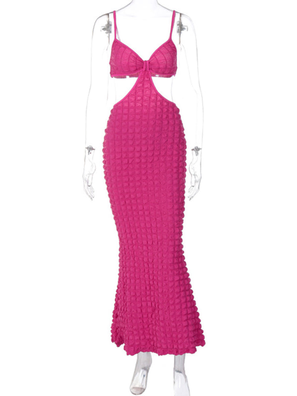 Women's New Solid Color Suspender Sexy Hollow Pure Desire Slim Elegant Long Dress BLUE ZONE PLANET