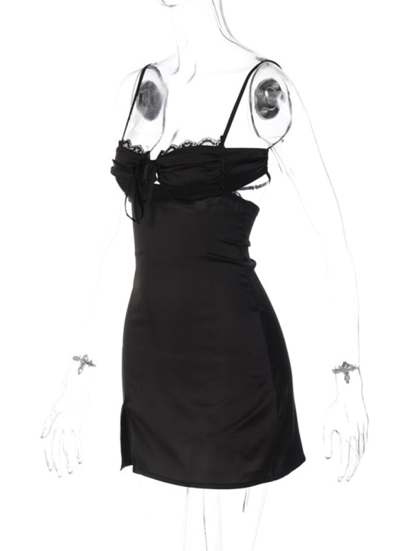 V-neck lace-up hip-covering hot girl dress with slits kakaclo