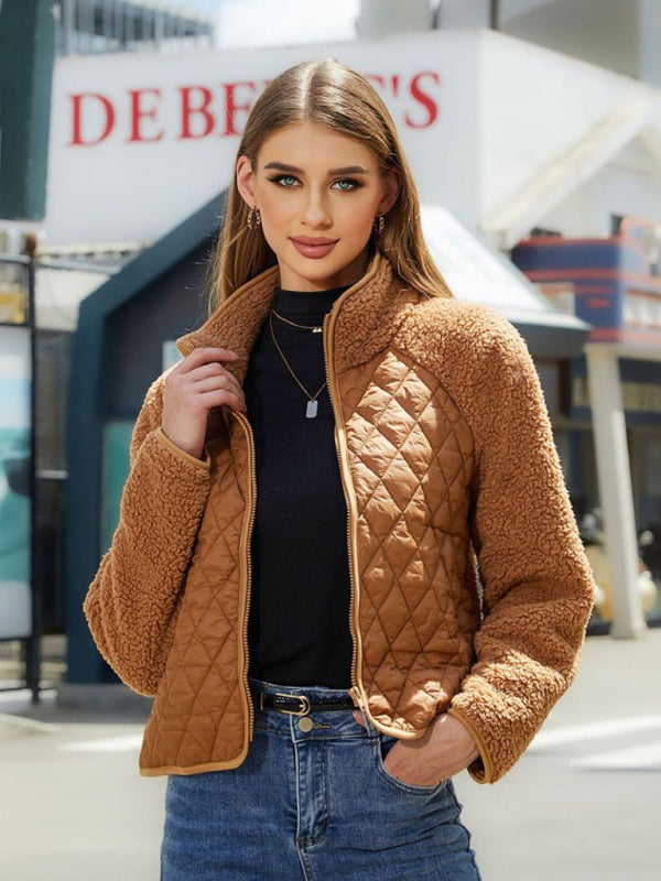 cardigan zipper long sleeve plush patchwork jacket kakaclo
