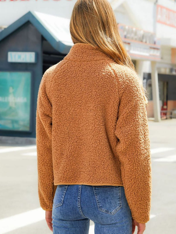 cardigan zipper long sleeve plush patchwork jacket kakaclo