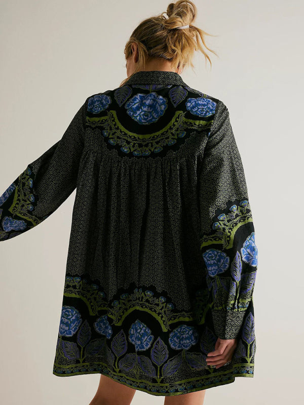 Printed lapel long-sleeved loose-fitting dress kakaclo