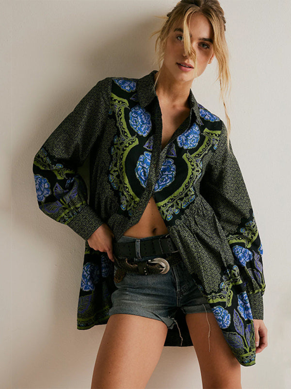 Printed lapel long-sleeved loose-fitting dress kakaclo