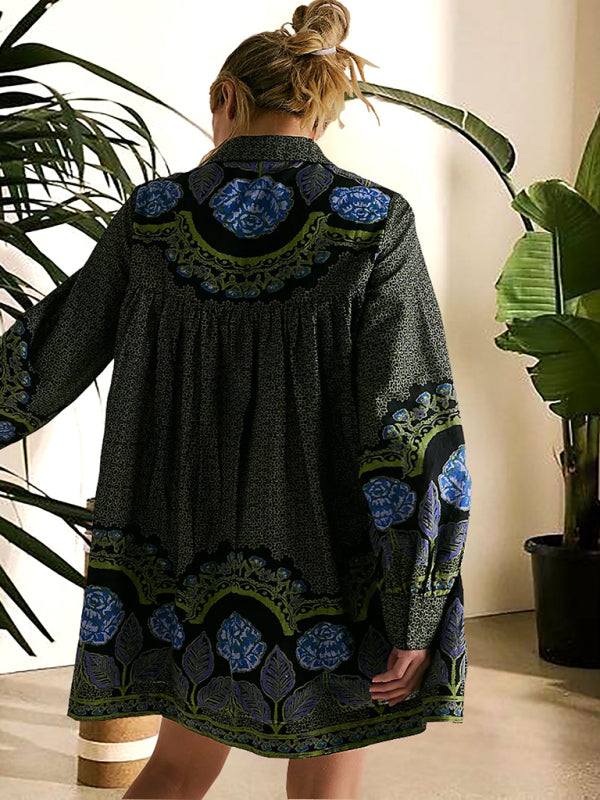 Printed lapel long-sleeved loose-fitting dress kakaclo
