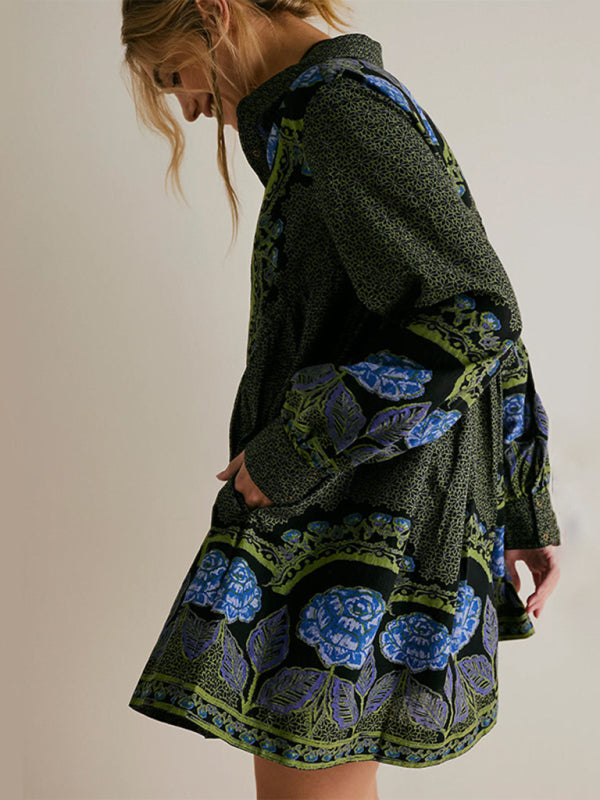 Printed lapel long-sleeved loose-fitting dress kakaclo