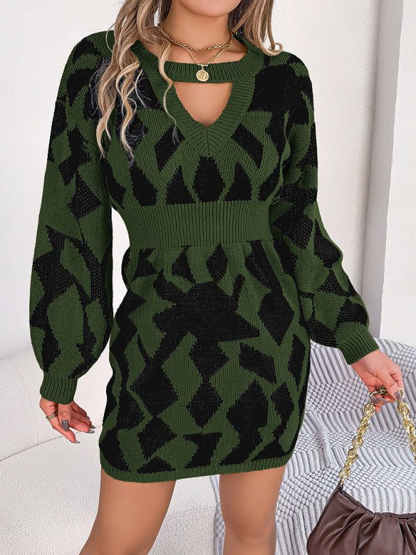 casual color block hollow lantern sleeve waisted sweater dress BLUE ZONE PLANET