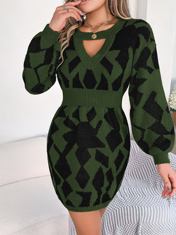 casual color block hollow lantern sleeve waisted sweater dress BLUE ZONE PLANET