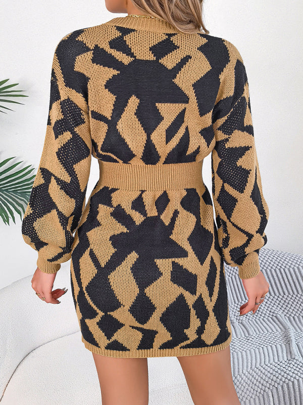 casual color block hollow lantern sleeve waisted sweater dress BLUE ZONE PLANET
