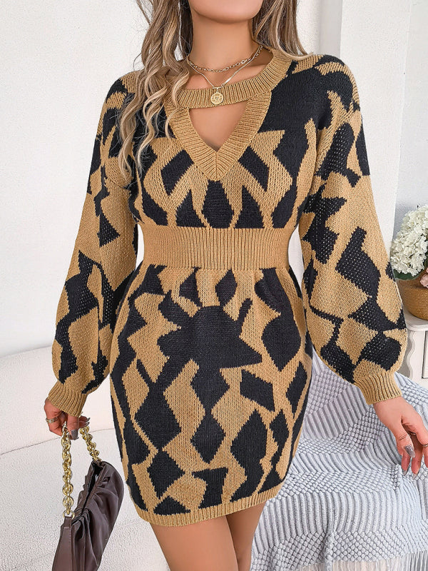 casual color block hollow lantern sleeve waisted sweater dress BLUE ZONE PLANET