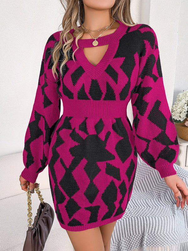 casual color block hollow lantern sleeve waisted sweater dress BLUE ZONE PLANET