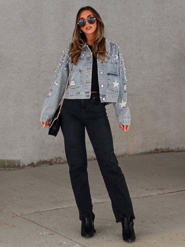 heavy beaded loose denim jacket kakaclo