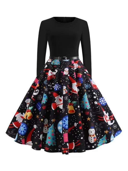 Blue Zone Planet |  Christmas long-sleeved slim round neck printed dress kakaclo