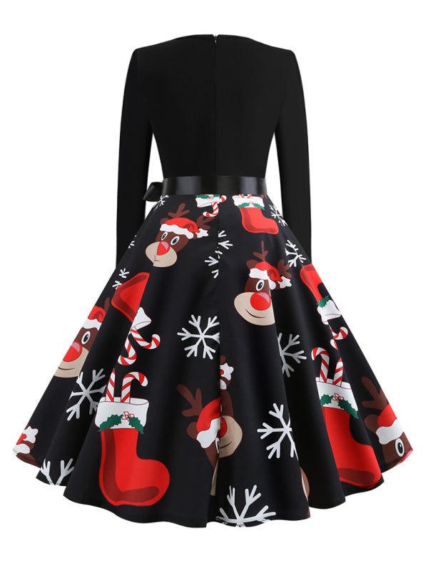 Blue Zone Planet | Christmas long-sleeved slim round neck printed dress kakaclo