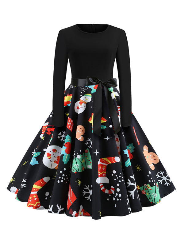 Blue Zone Planet | Christmas long-sleeved slim round neck printed dress kakaclo