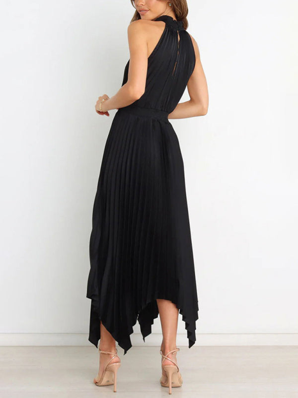 folded solid color sleeveless halterneck V-neck irregular skirt dress BLUE ZONE PLANET