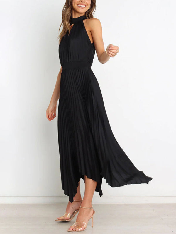 folded solid color sleeveless halterneck V-neck irregular skirt dress BLUE ZONE PLANET