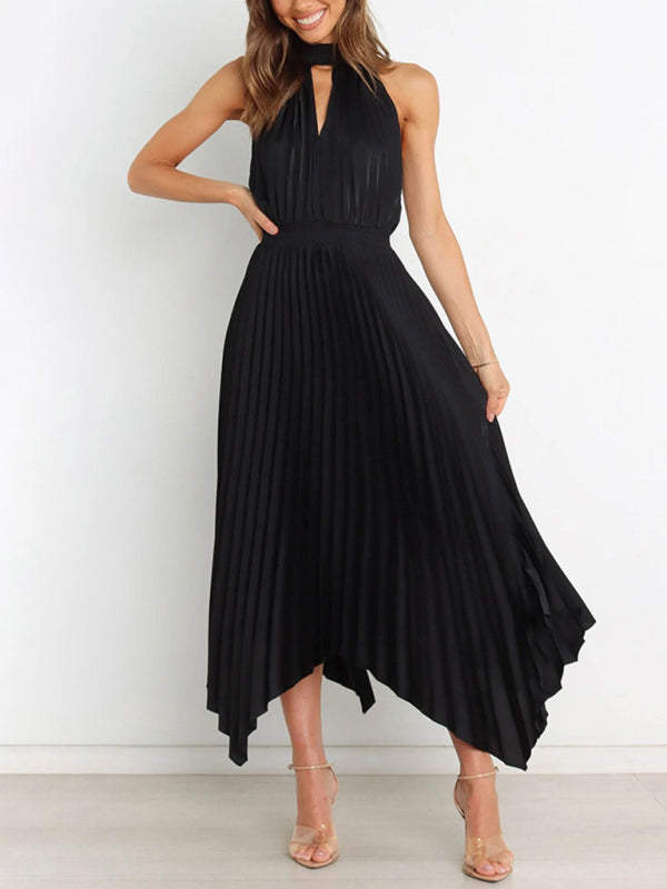folded solid color sleeveless halterneck V-neck irregular skirt dress BLUE ZONE PLANET