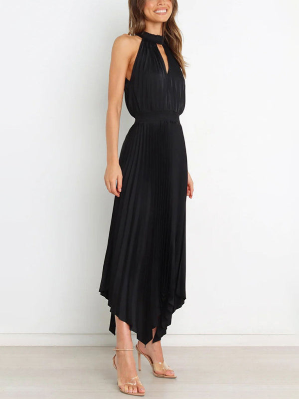 folded solid color sleeveless halterneck V-neck irregular skirt dress BLUE ZONE PLANET