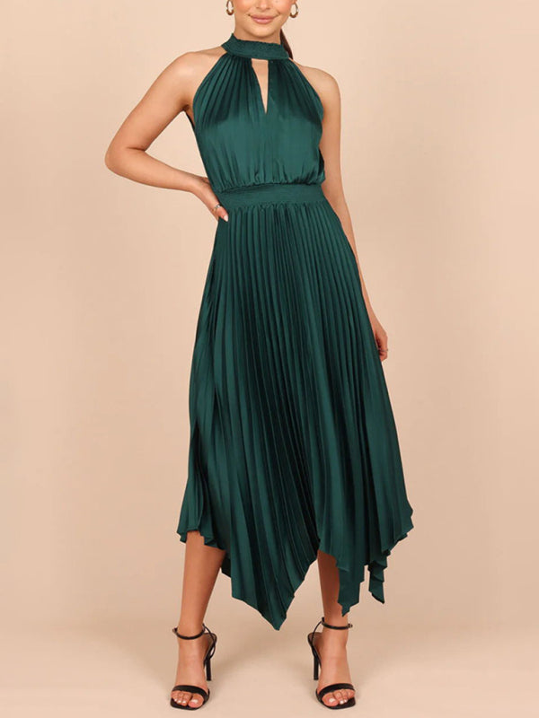 folded solid color sleeveless halterneck V-neck irregular skirt dress BLUE ZONE PLANET