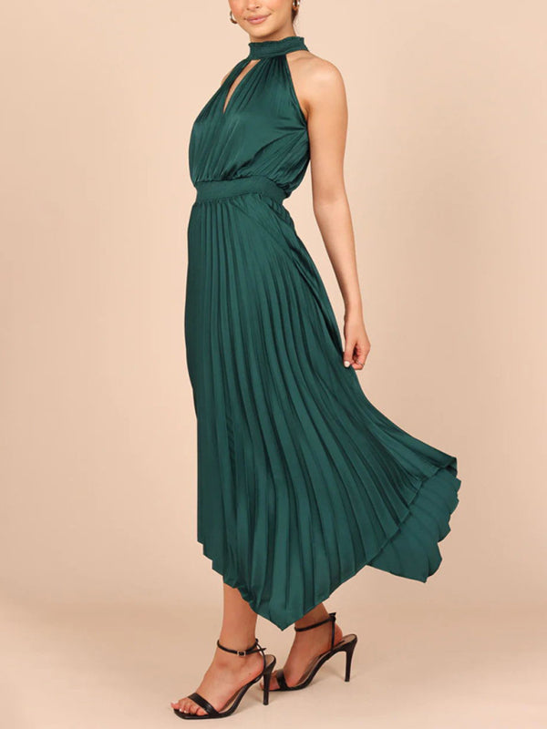 folded solid color sleeveless halterneck V-neck irregular skirt dress BLUE ZONE PLANET