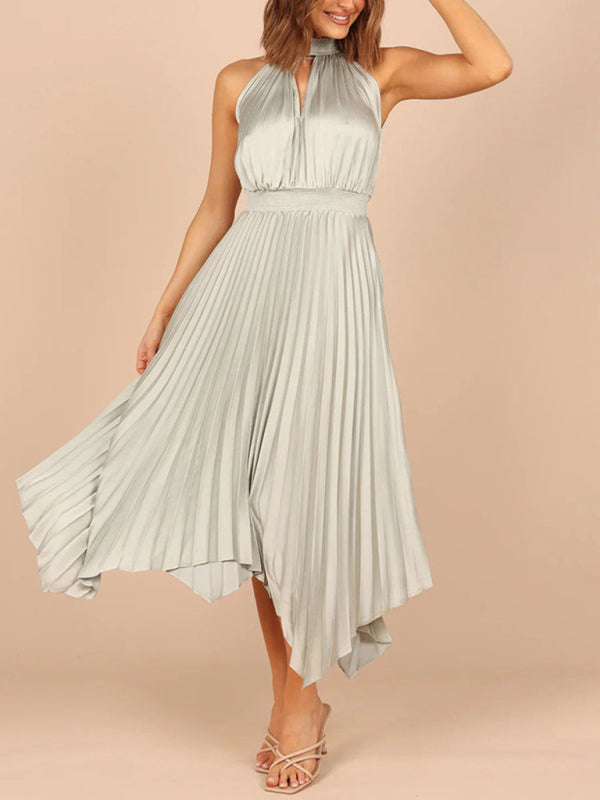folded solid color sleeveless halterneck V-neck irregular skirt dress BLUE ZONE PLANET