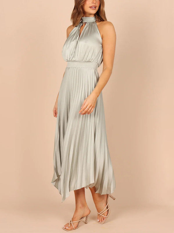 folded solid color sleeveless halterneck V-neck irregular skirt dress BLUE ZONE PLANET