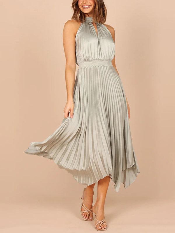 folded solid color sleeveless halterneck V-neck irregular skirt dress BLUE ZONE PLANET