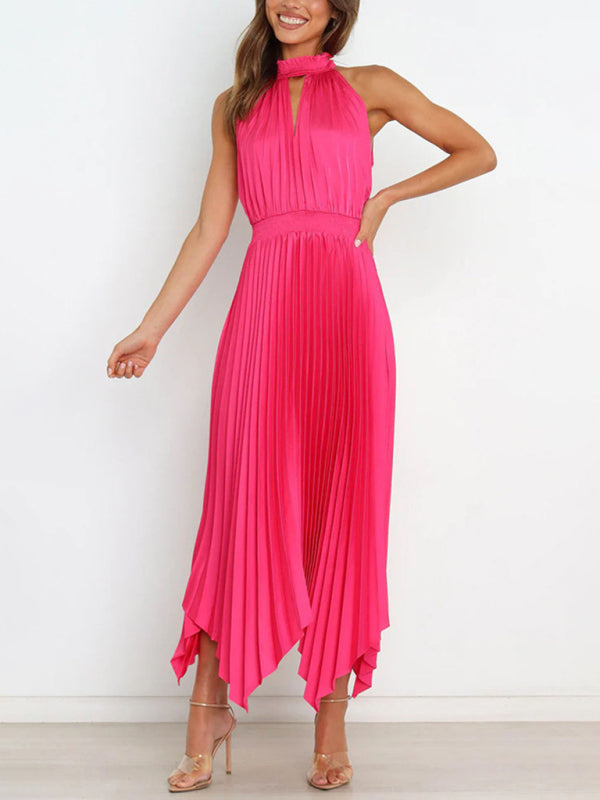 folded solid color sleeveless halterneck V-neck irregular skirt dress BLUE ZONE PLANET