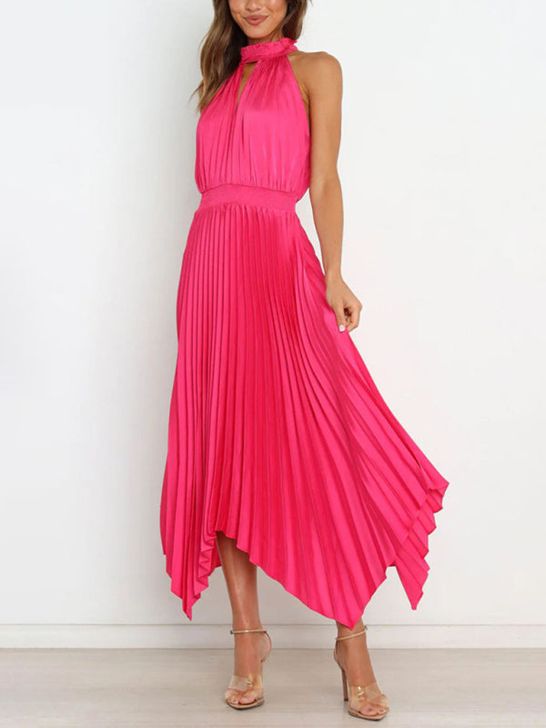 folded solid color sleeveless halterneck V-neck irregular skirt dress BLUE ZONE PLANET