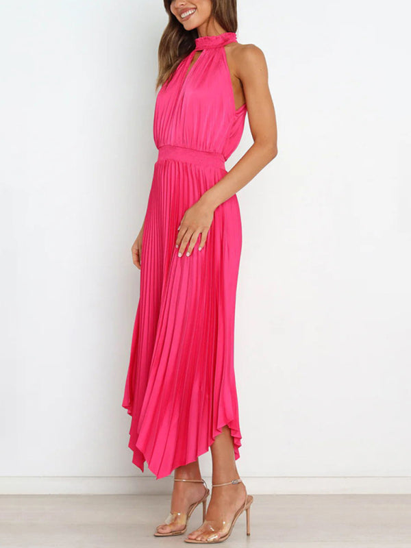 folded solid color sleeveless halterneck V-neck irregular skirt dress BLUE ZONE PLANET