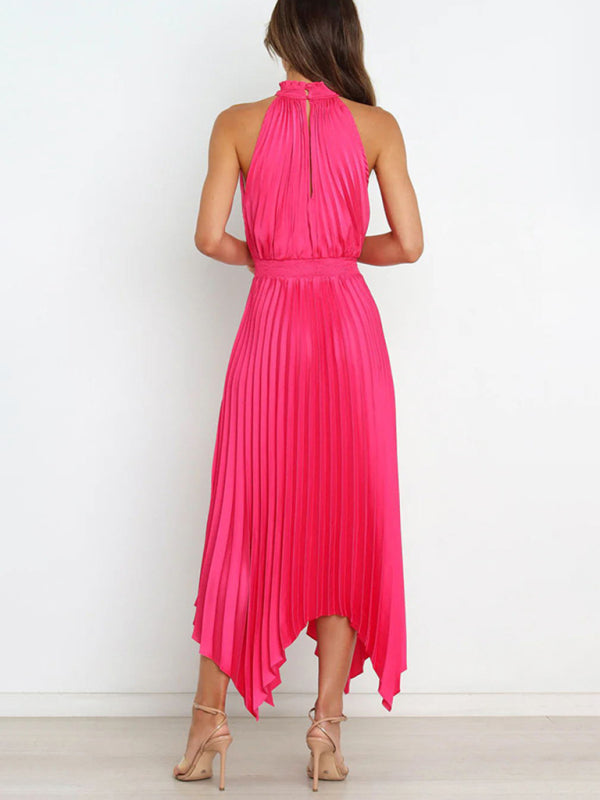 folded solid color sleeveless halterneck V-neck irregular skirt dress BLUE ZONE PLANET