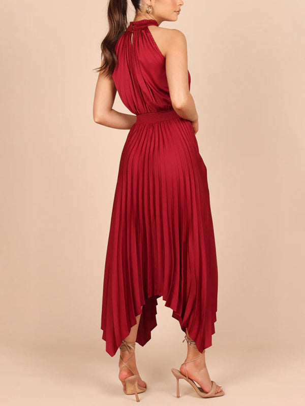 folded solid color sleeveless halterneck V-neck irregular skirt dress BLUE ZONE PLANET