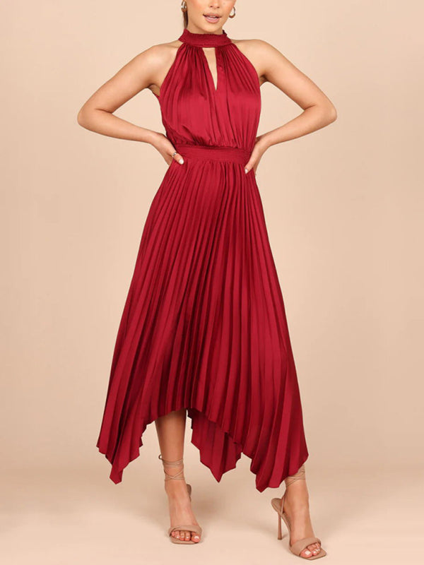 folded solid color sleeveless halterneck V-neck irregular skirt dress BLUE ZONE PLANET