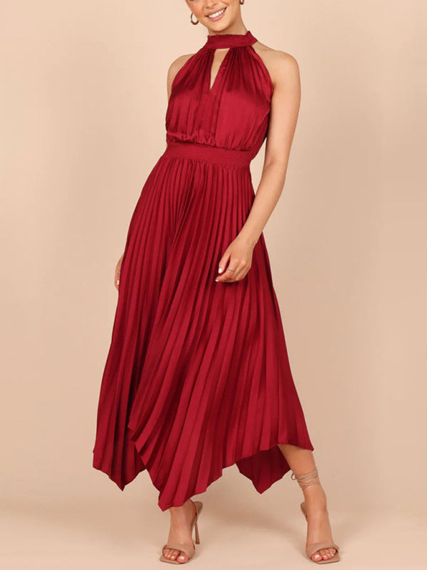 folded solid color sleeveless halterneck V-neck irregular skirt dress BLUE ZONE PLANET