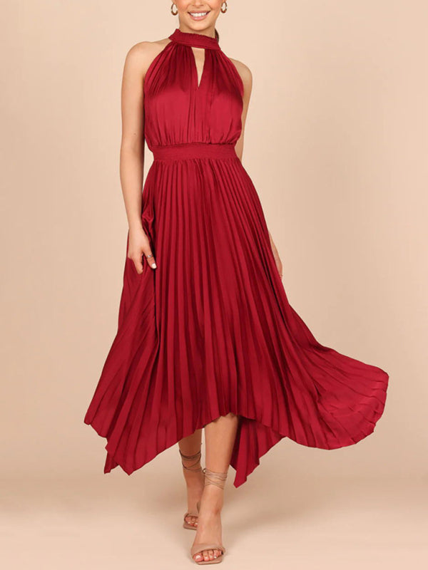 folded solid color sleeveless halterneck V-neck irregular skirt dress BLUE ZONE PLANET
