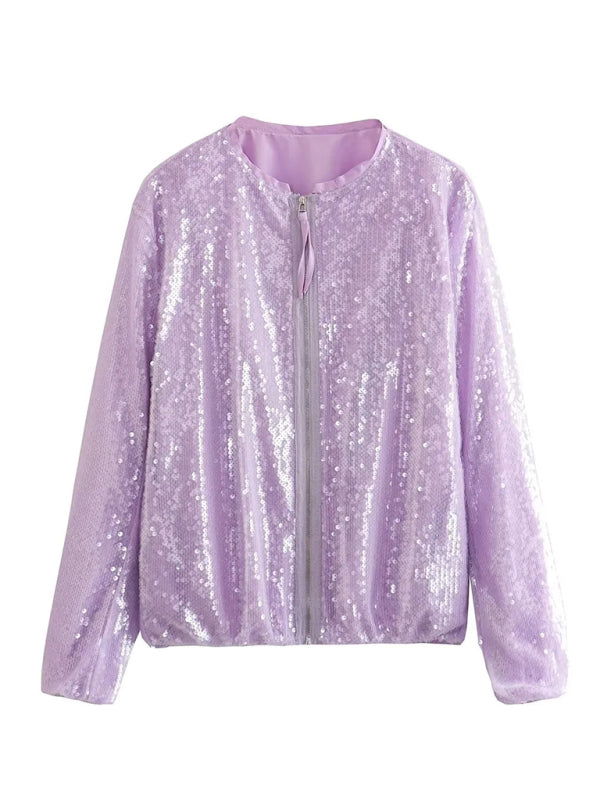 Women's round neck sequined motorcycle bomber jacket tops women's baseball uniform kakaclo