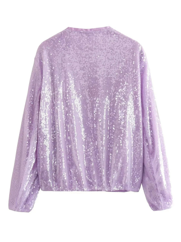 Women's round neck sequined motorcycle bomber jacket tops women's baseball uniform kakaclo