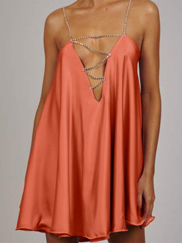 Women's sexy heavy metal diamond chain deep V leaky back dress BLUE ZONE PLANET