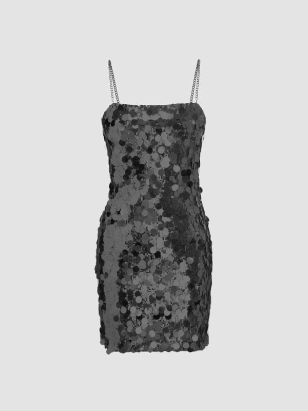 New fashion sexy chain sequined spaghetti strap irregular mini dress BLUE ZONE PLANET