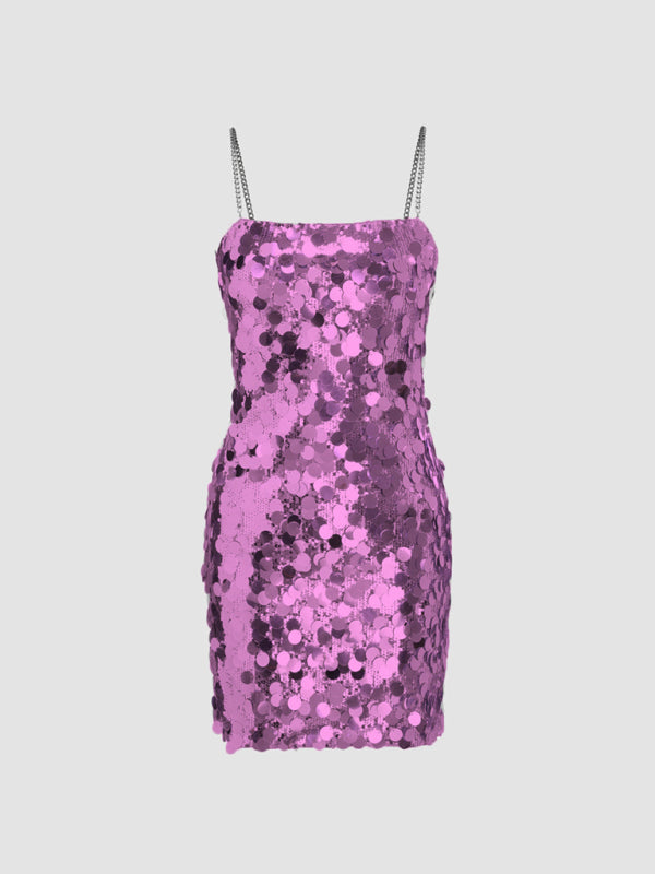 New fashion sexy chain sequined spaghetti strap irregular mini dress BLUE ZONE PLANET
