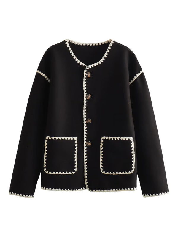 Blue Zone Planet | Fashion Button Round Neck Loose Color Block Knitted Jacket BLUE ZONE PLANET