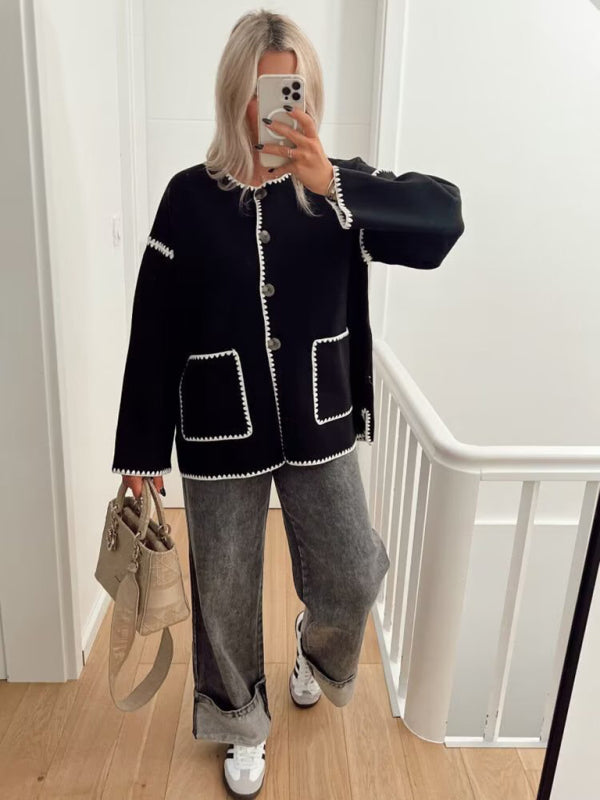 Blue Zone Planet | Fashion Button Round Neck Loose Color Block Knitted Jacket BLUE ZONE PLANET