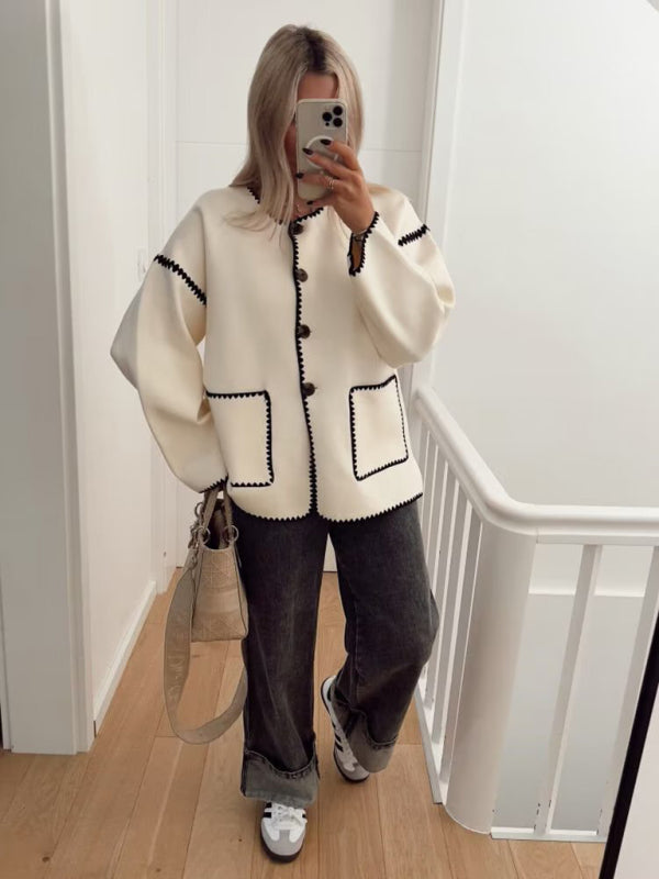 Blue Zone Planet | Fashion Button Round Neck Loose Color Block Knitted Jacket BLUE ZONE PLANET