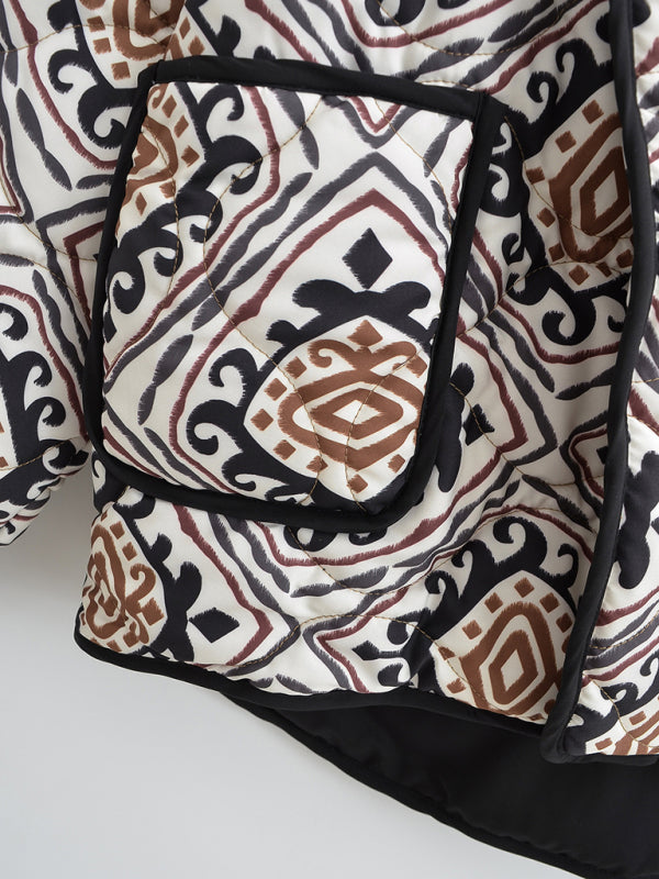 Ava's Quilted Contrasting Color Ethnic Print Stand-Up Collar Cotton Coat BLUE ZONE PLANET