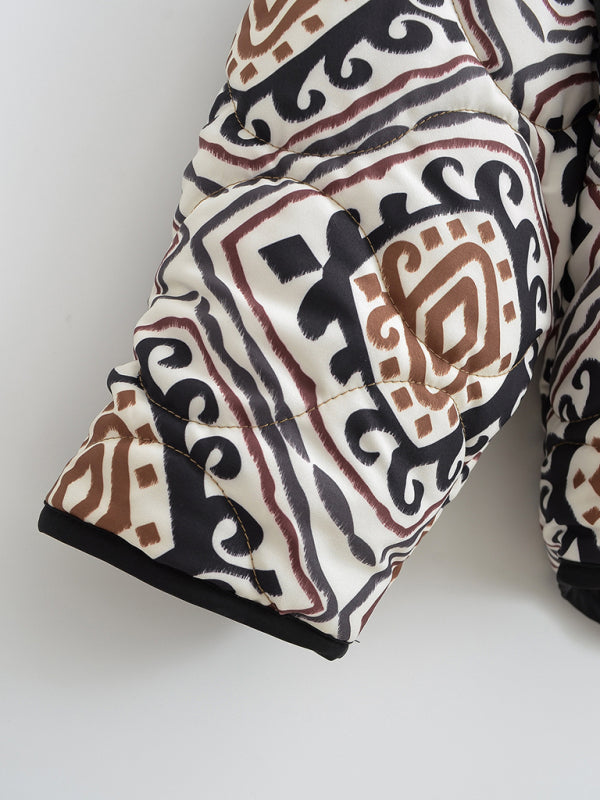 Ava's Quilted Contrasting Color Ethnic Print Stand-Up Collar Cotton Coat BLUE ZONE PLANET