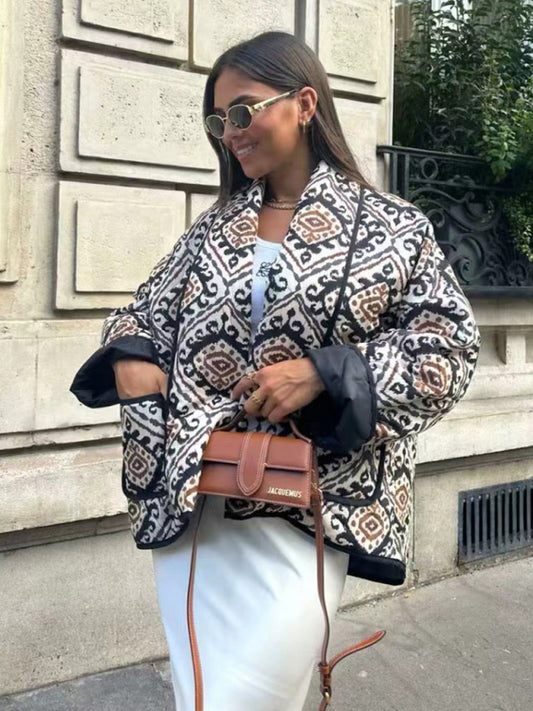 Ava's Quilted Contrasting Color Ethnic Print Stand-Up Collar Cotton Coat BLUE ZONE PLANET
