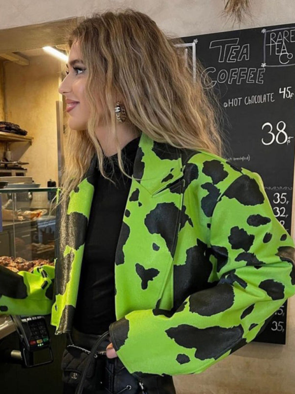 Emily's Abstract Print Long-Sleeved Short Leather Jacket kakaclo