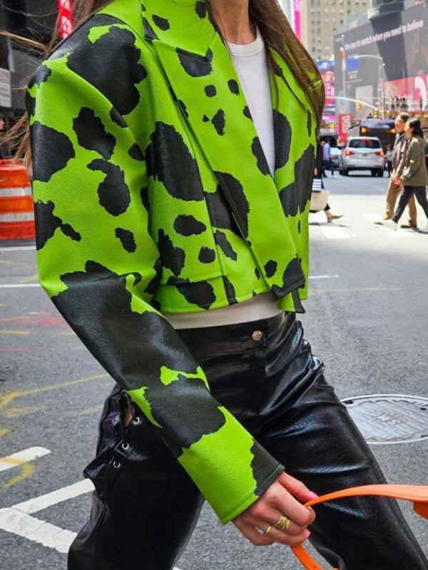 Emily's Abstract Print Long-Sleeved Short Leather Jacket kakaclo